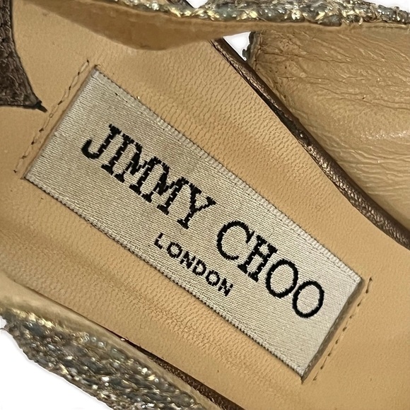 Jimmy Choo Leather Glitter Open Toe Sling Back Heels Champagne Gold Size 38.5 - Picture 13 of 14